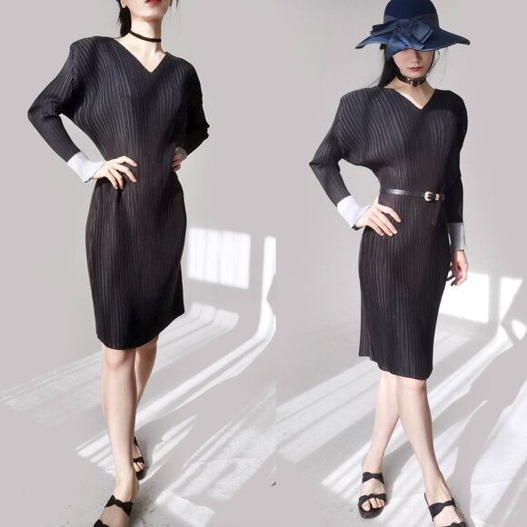 Issey Miyake Charcoal and White Long Sleeve Dress - Picture 7 of 9